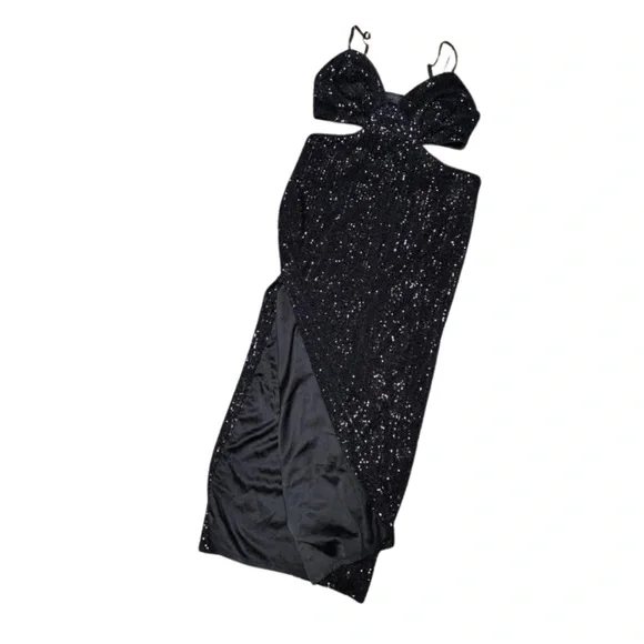 bardot black sequin dress Galaxy Black Luxe Sequin Embellished Off The Shoulder Bardot Feather Slit Maxi Dress 12 main image 0